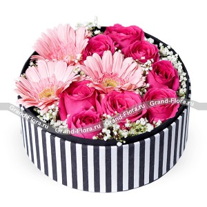 Розовая нежность - коробка с герберами и розами